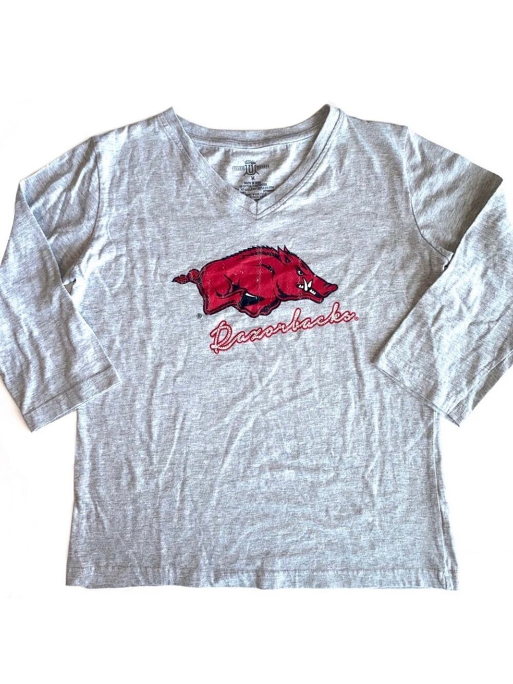 Arkansas Razorbacks Grey Hogs Graphic Rhinestone 3/4 Sleeve Tee Size Medium